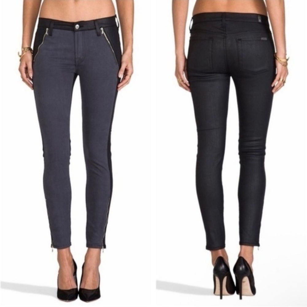 7 For All Mankind Revolve Moto Black Moto Zip Skinny Pants Gray Black Colorblock